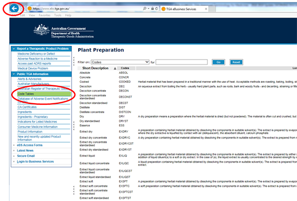 screenshot showing location of the back button and the Code Tables in the left side menu